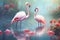 Pink flamingos standing in a garden pond, illustration