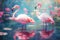 Pink flamingos standing in a garden pond, illustration