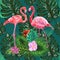 Pink flamingos, tropical flowers and jungle leaves, hibiscus, pink lotus. Beautiful seamless floral jungle pattern background