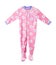 Pink fleece pajamas with floral pattern.