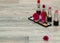 Pink flower on the cosmetic makeup table. Dressing table. Cosmetic composition. Make the concept of the table. Flat lying, front v