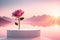 pink flower podium with mountains and sunset