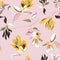 Pink flower and yellow leaves hand-drawn background. Vector summer bloom, isolated botany pattern. Garden fabrics, flowery