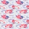 Pink flowerhorn cichlid fish Elvis strain, hand painted watercolor illustration, seamless pattern on soft blue ocean surface