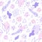 Pink flowers and abstract elements. Cute pretty seamless pattern in modern style. Hand drawn vector illustration