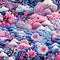 Pink flowers in a blue and black cloud pattern with intricate psychedelic landscapes (tiled)