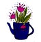 Pink flowers in blue teapot