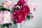 Pink flowers. Curly peony ranunculus in Metallic gray watering can,empty space