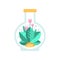 Pink flowers with green leaves inside glass terrarium in shape of flask. Flat vector icon of blooming plant in