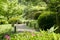 Pink flowers, green plants, tree, footpath in zen park