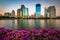 Pink flowers and modern skyscrapers along Lake Rajada at sunset, at Benjakiti Park, in Bangkok, Thailand.