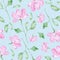 Pink flowers watercolor painting - hand drawn seamless pattern with blossom on light blue