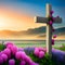 Pink flowers on wooden cross