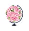 Pink flowers in world globe. Vintage spring floral ball. Watercolor for Earth day or hour - beautiful flowering planet