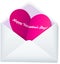 Pink folded heart in white paper envelope