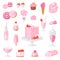Pink food vector pinkish cake with sweet strawberry dessert with pinky drinks on birthday party illustration girlish set