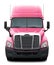 Pink Freightliner Cascadia truck with black plastic bumper.