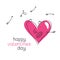 Pink frightened heart under a hail of arrows. Happy Valentine`s day vector card