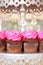 Pink Frosted Chocolate Cupcakes on Silver Serving Platter with Rhinestones