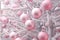 Pink frosted decorative balls on snowy tree branches. Backing, Christmas background