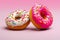 Pink frosted donut with colorful sprinkles. Generative AI