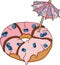 Pink frosted donut with small decorative umbrella