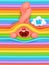 Pink funny emoji bunny character looking out from rainbow wall. Hide and seek concept
