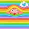 Pink funny emoji monster character looking out from rainbow wall.