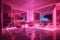 pink futuristic room, with holographic projections and technological advances