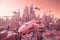 pink futuristic scene with flying spacecraft and detailed cityscape