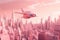 pink futuristic scene with flying spacecraft and detailed cityscape