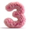 A pink fuzzy letter e on a white background