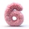 A pink fuzzy number six on a white background