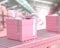 Pink gift box on conveyor roller
