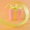 Pink Gift box at the end of the spiral yellow ribbon, orange background. square.