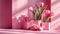 pink gift boxes, with one box open to reveal a collection of decorative festive objects, including vibrant flowers like