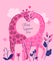 Pink giraffes in love postcard or poster for valentine\\\'s day. Vector graphics