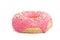 A pink glazed donut with speckles