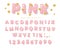 Pink glossy font. ABC letters and numbers for girls. Gold glitter confetti.