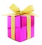 Pink glossy gift wrapped present with golden bow