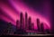 Pink glow over tall skyscrapers. AI Generated