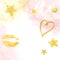 Pink and gold cute background with watercolor texture, lipds, heart and stars on white. Festive background