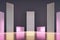 Pink and golden neon light bars of different height in an empty space, modern exhibition and interior design concept, 3d rendering