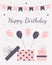 Pink-gray birthday greeting card with packed gifts, balloons, flags, stars and an inscription in vector