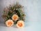 Pink and green floral wreath with 3 peach rose flower blooms on a white surface with a plaster background.  Simple, soft, elegant