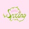 Pink Green Hello Spring phrase hand drawn vector illustration sketched logotype icon. Lettering spring season with leaf