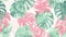 Pink and Green Leaves Converge in a Vibrant Pattern Against a Serene White Background