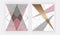 Pink, grey and gold triangular shapes. Geometric cover design on the marble texture. Modern backgrounds for menu, banner, card, fl