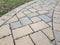 Pink and grey stone tile path with weeds