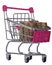Pink grocery trolley with golden coins on white